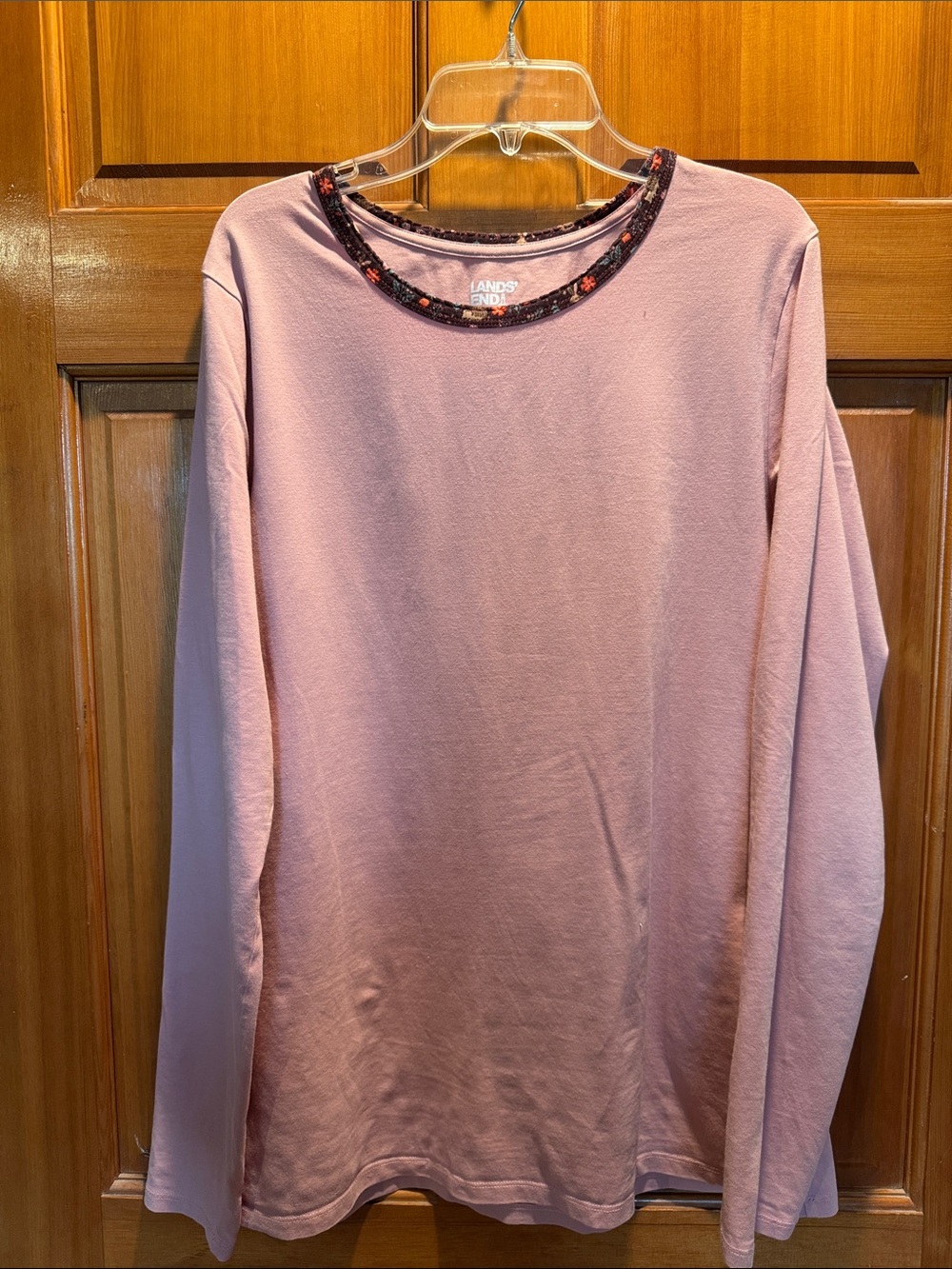 Lands' End Long-Sleeve Top in Pink Blush with Floral-Trim Neckline, Medium Tall